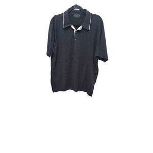 August Silk Men L Knit Polo Shirt Black Tan Trim Short Sleeve Preppy Grunge Beac
